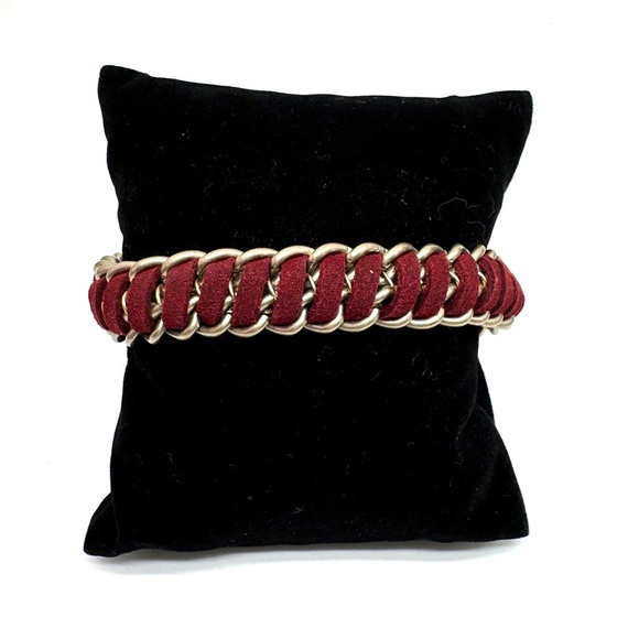 Premier Designs Red Suede and Goldtone Woven Chain Link Bracelet - Picture 4 of 10